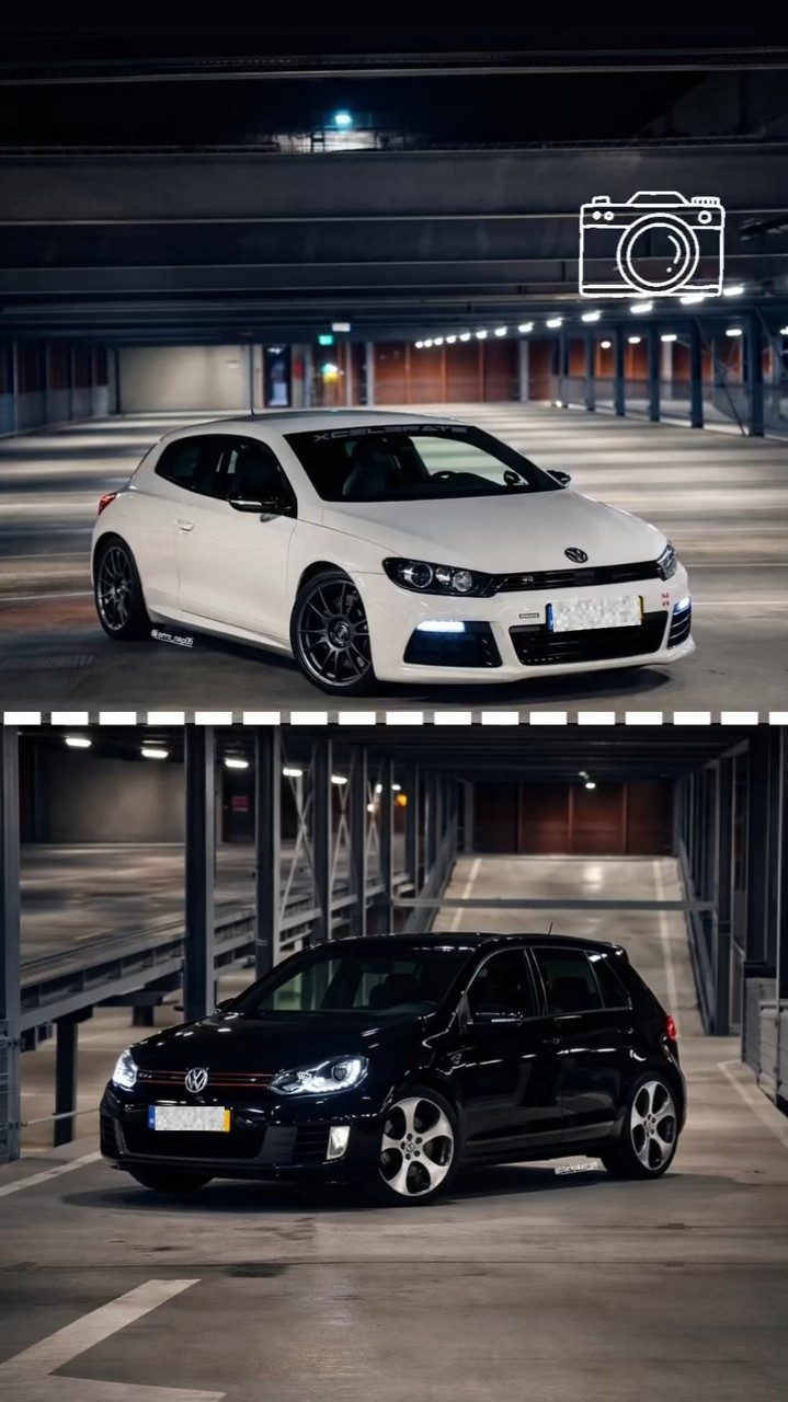 Witte Scirocco en zwarte Golf GTI in een verlichte parkeergarage